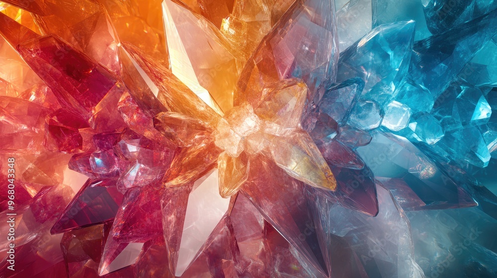 Poster A unique background with layered transparent crystals creating a kaleidoscope effect with rich color transitions