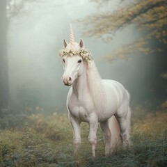 Obraz premium Pony dressed as a unicorn in a magical Halloween forest, unicorn pony, mythical Halloween animal