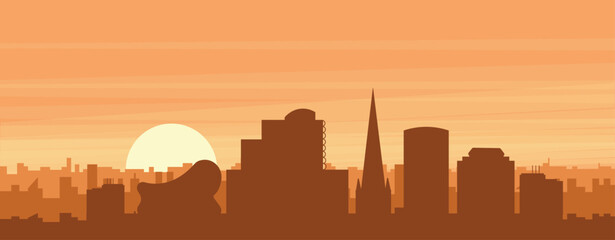 Brown panoramic poster of the city skyline with misty background buildings, sunrise, clouds and mountains of BIRMINGHAM, UNITED KINGDOM