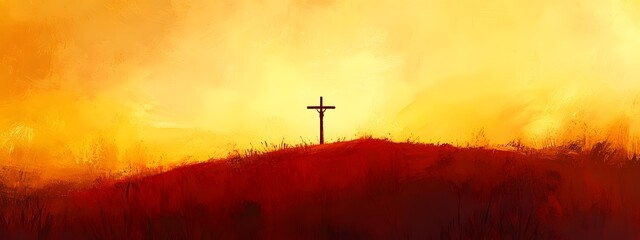 Obraz premium A digital painting of an Easter scene with the silhouette of crosses on top of small hills, against a backdrop of golden and pink sky, symbolizing Jesus' triumph over death