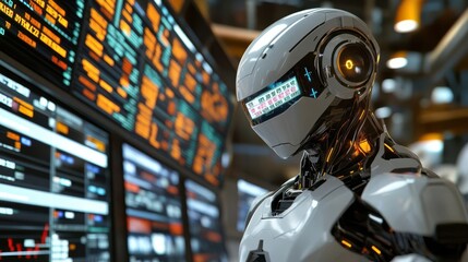 A futuristic robot stands before a large screen displaying data in a server room.