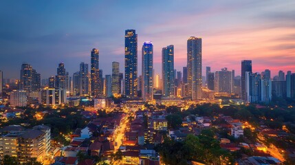 Obraz premium A wide horizontal shot of a modern city skyline at dusk, with illuminated buildings and a clear evening sky
