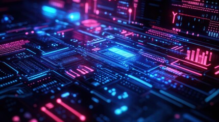 Obraz premium Abstract futuristic circuit board with glowing blue and pink lights.