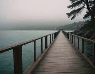 Fototapeta premium A Beautiful Serene Lake View Featuring a Wooden Pier Set Within a Misty Landscape Scene