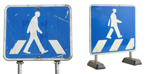 set of a blue and white pedestrian crossing sign on a transparent background