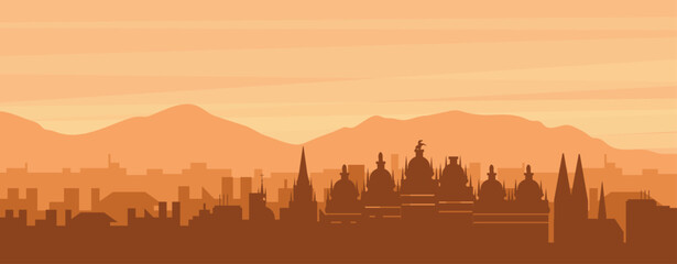 Naklejka premium Brown panoramic poster of the city skyline with misty background buildings, sunrise, clouds and mountains of ANTWERP, BELGIUM