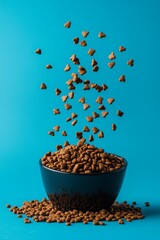 Dry dietary food for cats and dogs in a bowl isolated on solid color background. Healthy pet nutrition and feeding routines.