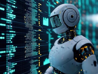 A white robot stands before a large screen displaying code and data.