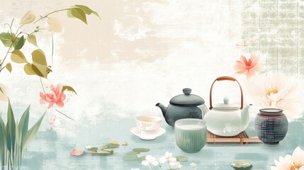 A tranquil display of various tea vessels set against a delicate floral background, creating a peaceful and inviting ambiance