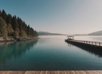 Obraz premium A Beautiful Serene Lake View Featuring a Wooden Pier Set Within a Misty Landscape Scene