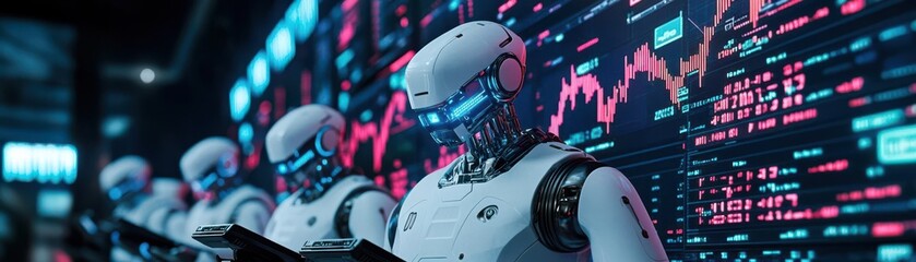 Row of robots in a futuristic setting, illuminated by blue and red lights.