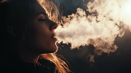 Woman Exhaling Smoke   Close Up Silhouette