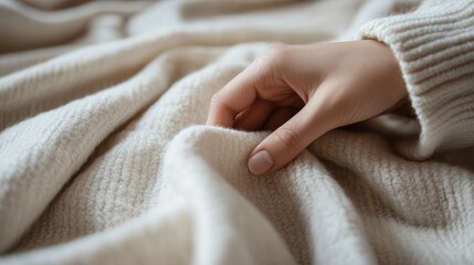 Fototapeta premium Close-up of a hand touching soft cotton fabric, emphasizing comfort and quality material