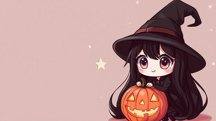 Cute Little Cartoon Chibi Witch Holding a Halloween Pumpkin, Adorable and Playful Festive Design