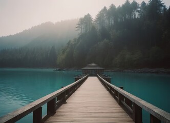 Fototapeta premium A Beautiful Serene Lake View Featuring a Wooden Pier Set Within a Misty Landscape Scene