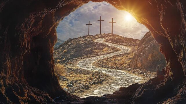The Empty Tomb of Jesus, Overlooking the Hill of Golgotha Where the Crosses Stand, a Solemn Reflection of the Crucifixion and Resurrection