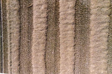 Top-down view of a field after the harvest, with straw lines creating a structured appearance on the landscape.
