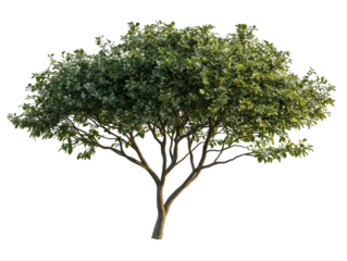 Green leafy tree with multiple branches, isolated on transparent background.
