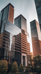 Fototapeta premium A bottom up view of a modern city skyline with reflective skyscraper business office buildings