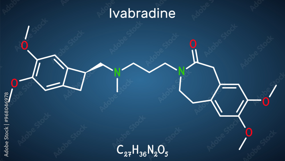 Canvas Prints ivabradine molecule. it is angina pectoris drug. structural chemical formula, dark blue background. 