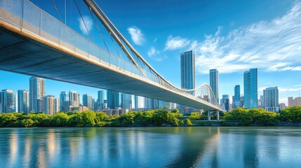Obraz premium Horizontal lines of a modern bridge spanning across a river, with architectural details and a city skyline in the background