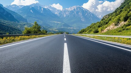 Horizontal lines of freshly painted road markings on an empty highway, with a scenic mountainous backdrop
