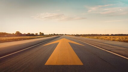Naklejka premium A straight road with a large yellow arrow painted on it, leading to the horizon