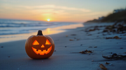 Halloween Jack-o'-Lantern at Evening Ocean Beach, Spooky and Serene Coastal Holiday Scene