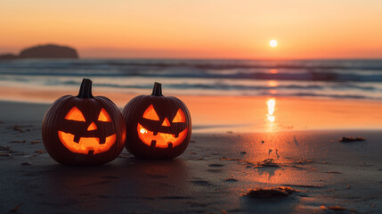 Halloween Jack-o'-Lantern at Evening Ocean Beach, Spooky and Serene Coastal Holiday Scene