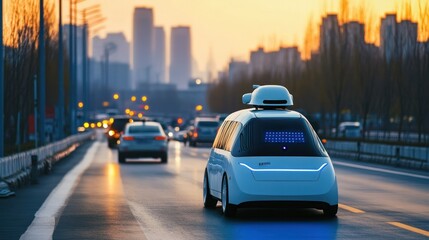 Fototapeta premium Self-Driving Car on a City Road at Sunset