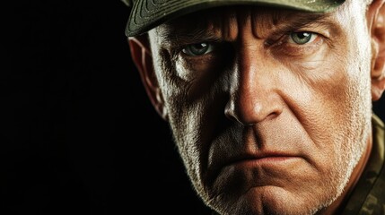 Intense Portrait of Grizzled Military Veteran