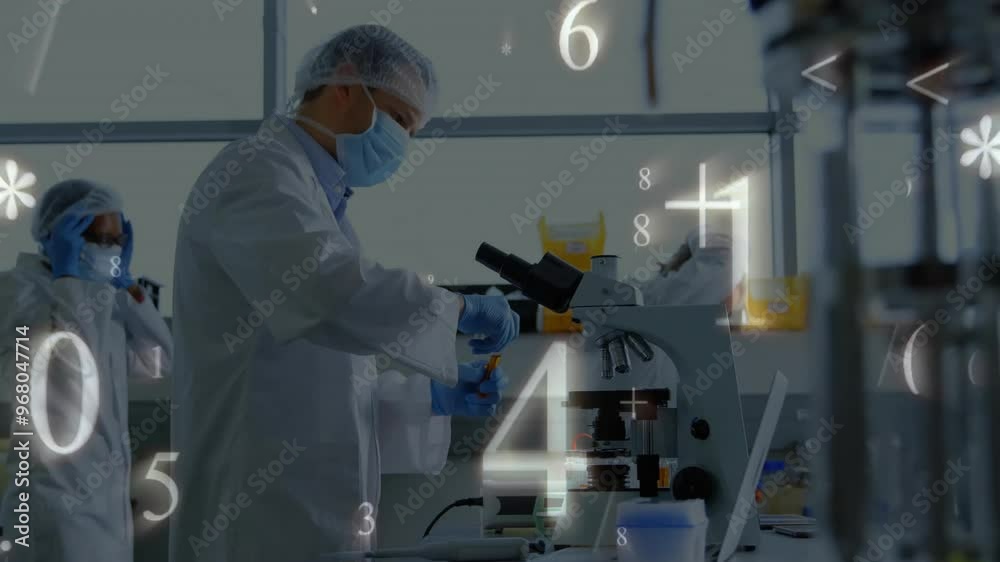 Poster animation of data processing over diverse scientists in laboratory