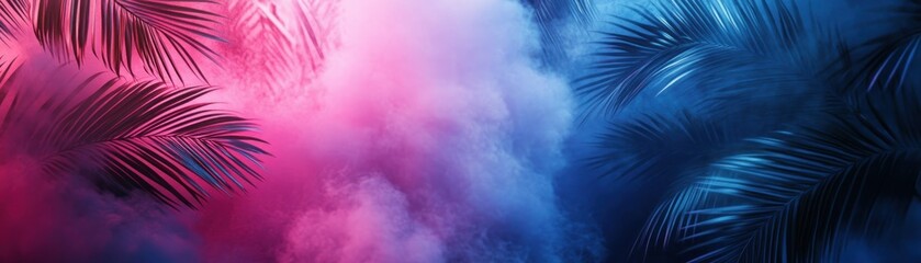 Obraz premium Tropical Palm Leaves Silhouetted Against a Pink and Blue Foggy Background