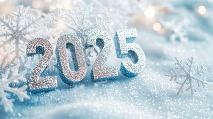 Sparkling 2025 in Snow with Glittery Snowflakes and Soft Lights