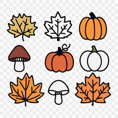 Set of autumn leaves, mushrooms and pumpkins