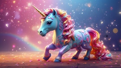 Adorable unicorn, magical baby rainbow horse with glitter all around, fantasy background, 3D illustration created with artificial intelligence