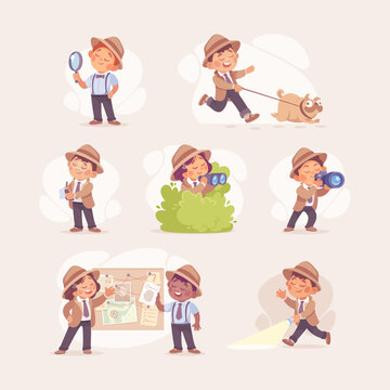 Inspecting Detective Boy and Girl Character Investigating Case Vector Set