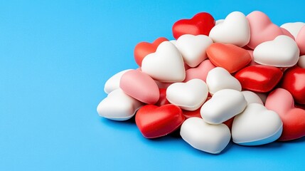 Pile of Heart-Shaped Candy on Blue Background