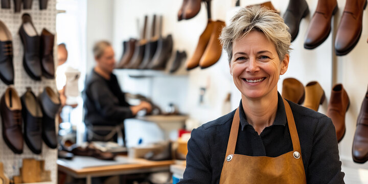 Ma&szlig;schuhmacherin in moderner Werkstatt bei der Arbeit an handgefertigten Schuhen