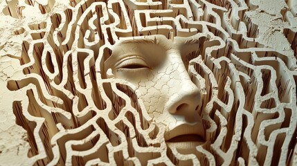 Abstract Face Sculpture Inside a Maze
