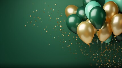 Green and golden balloons with confetti on a green background for birthday celebrations, party decor, and festive events


