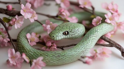 Fototapeta premium Artistic green snake sculpture with delicate pink cherry blossoms, symbolizing tranquility.