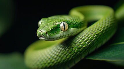 Fototapeta premium Green wooden snake with emerald eyes on a dark background.