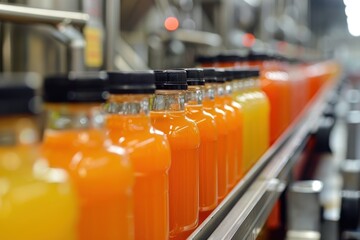 Bottles of orange juice on a conveyor belt,generative ai image