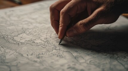 Closeup of Hand Tracing Topographic Map with Pencil