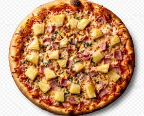 pizza with pineapple, ham, and cheese on a wooden plate, isolated on a white background