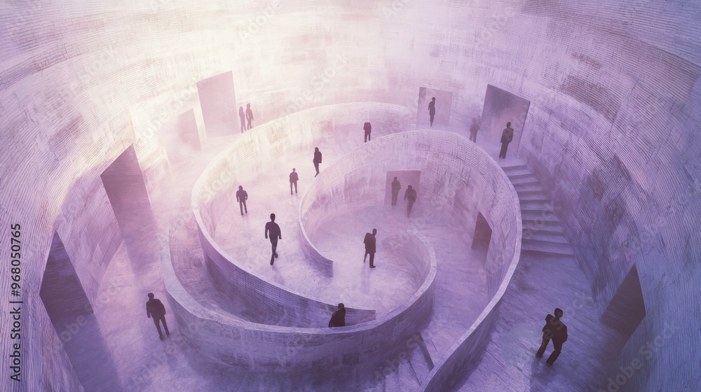 Wall mural Silhouettes of People Walking Through a Futuristic Purple Concrete Maze