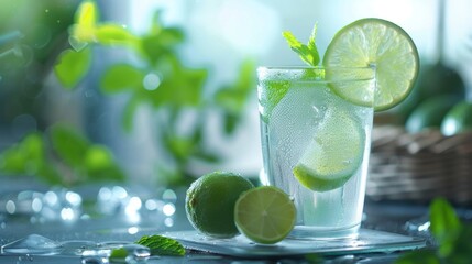 Fototapeta premium Fresh lime slice on a glass coaster beside a condensation-covered glass of lime juice, garnished with mint, perfect for summer vibes.