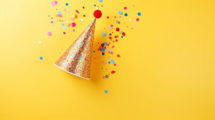 Vibrant holiday decor featuring multicolored confetti and colorful party hat on bright yellow background for festive birthday celebrations and cheerful party themes

