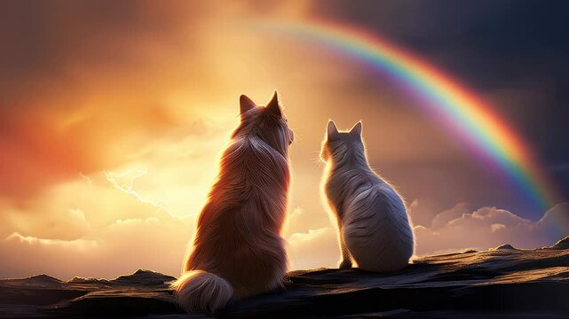 Cat and dog looking at rainbow - concept of pets passing away